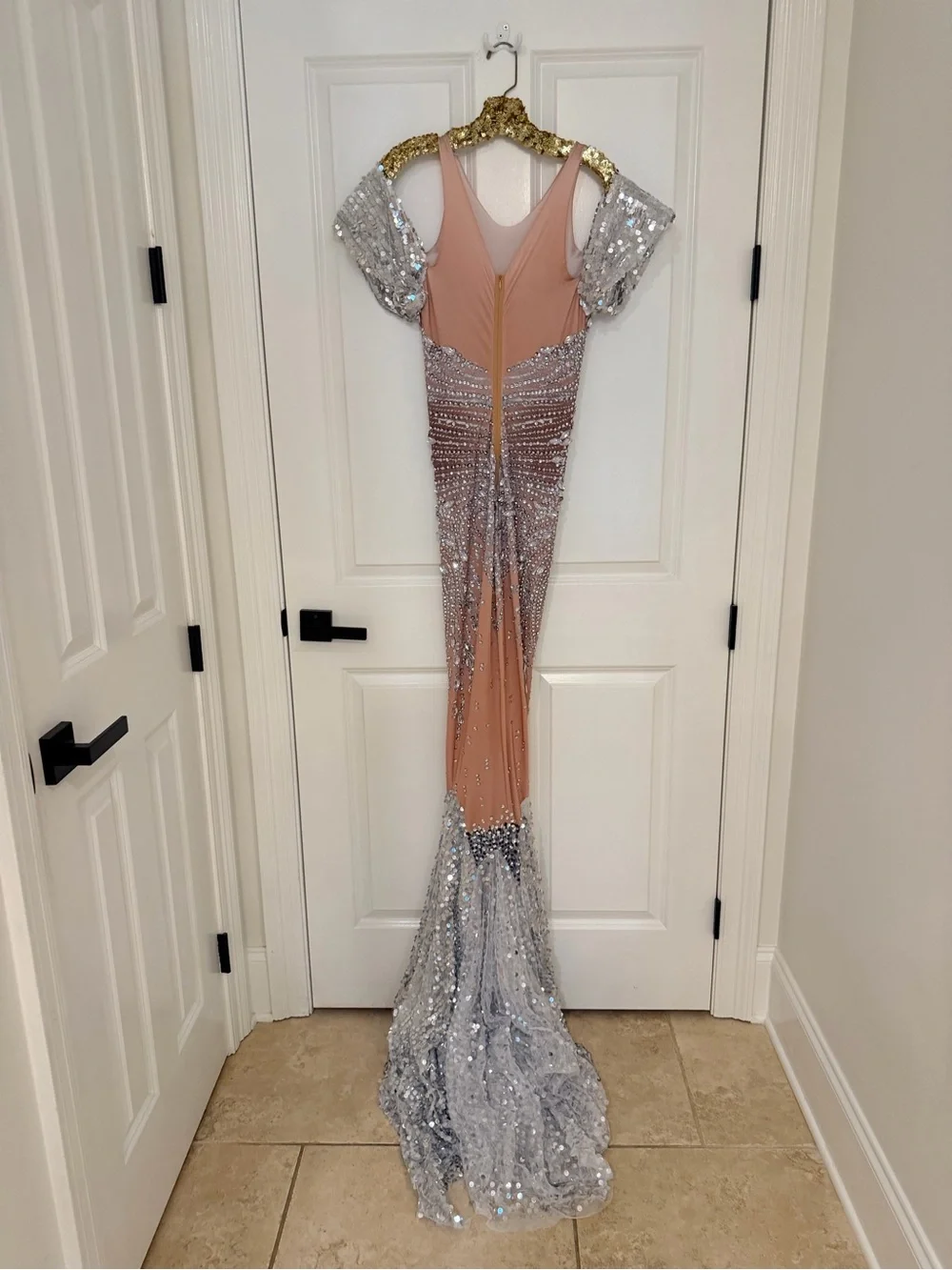 Nude & Silver Sequin Mermaid Prom Dress with Crystal Embellishment